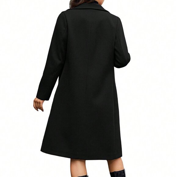 Black Casual Women's Coat Double Breasted Blend Mid-Long Pea Coat - Picture 2 of 3